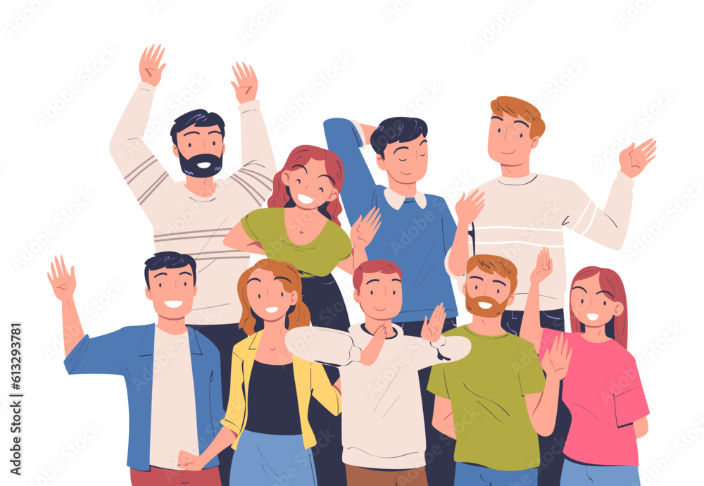 Fototapeta premium Team of Happy People Character Standing Together Waving Hand and Smiling Vector Illustration