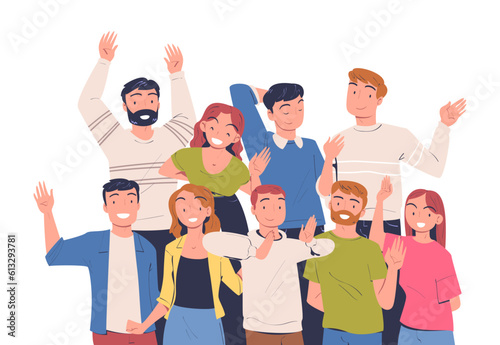 Team of Happy People Character Standing Together Waving Hand and Smiling Vector Illustration