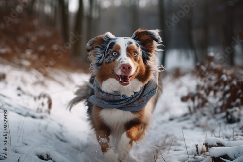 Winter Forest Adventure Captured as Australian Shepherd Charges Towards the Lens ai generation High quality photo