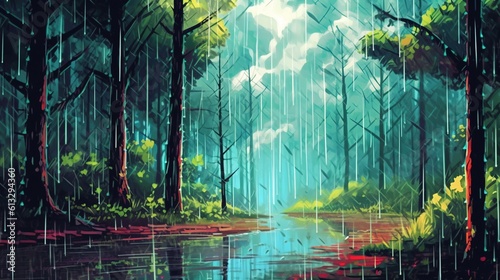 A downpour in a forest . Fantasy concept , Illustration painting. Generative Ai