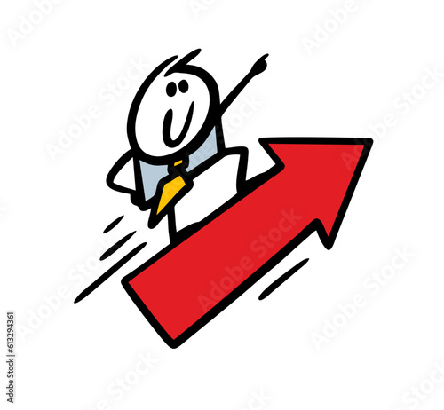 Businessman on the red arrow quickly flies up to success. Vector illustration of a successful career, concept.