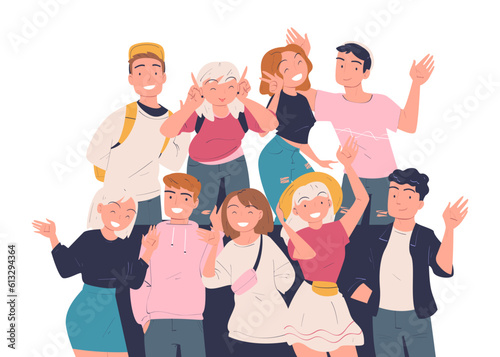 Team of Happy People Character Standing Together Waving Hand and Smiling Vector Illustration