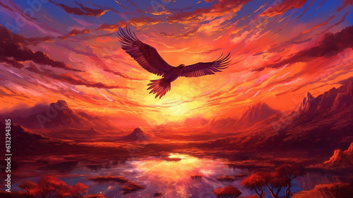 A fiery sunset over a desert with an eagle flying overhead . Fantasy concept , Illustration painting. Generative Ai © X-Poser