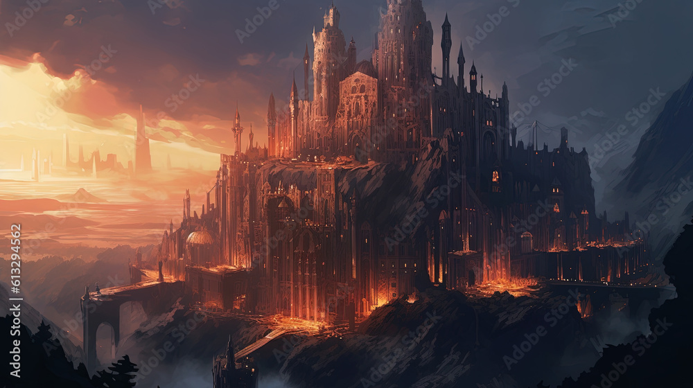 A fantasy kingdom with towering castles and sprawling cities . Fantasy concept , Illustration painting. Generative Ai