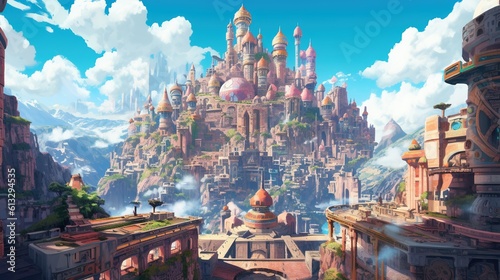 A fantasy kingdom with towering castles and sprawling cities . Fantasy concept , Illustration painting. Generative Ai
