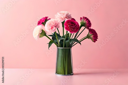 Carnation bouquet in a vase on a light pink background  with a metal minimalist wire art as minimalist decor