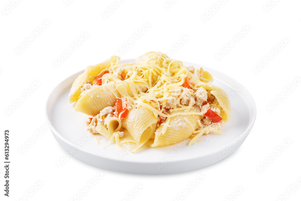 Conchiglie pasta with minced chicken, red pepper and ricotta cheese on a white isolated background Conchiglie pasta with minced chicken, red pepper and ricotta cheese on a white isolated background