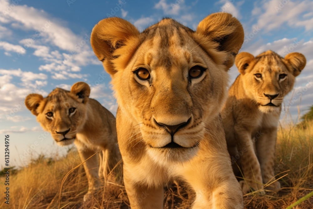 High-definition Image of Pride of Lions in Savannah: Depicting the Vastness of Wildlife Habitats with Full-frame DSLR and Wide-angle Lens generative AI