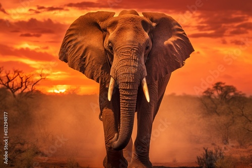 High-definition Image of Majestic Elephant Under African Sunset: Showcasing the Grandeur of Wildlife with Full-frame DSLR and Telephoto Lens generative AI © Arthur