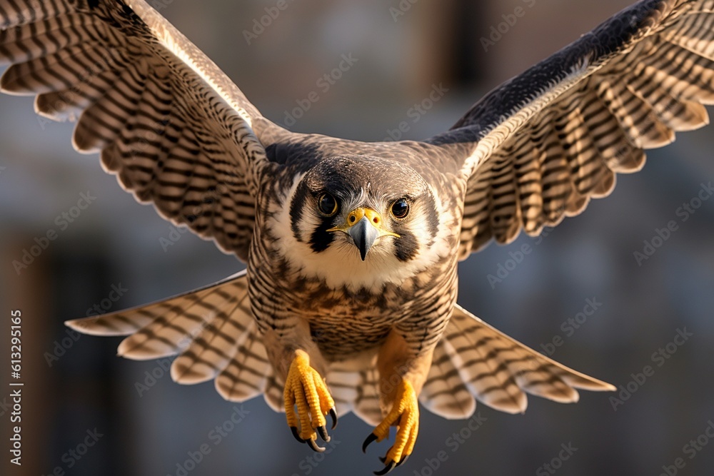 Obraz premium High-definition Detailed Image of Peregrine Falcon in Mid-flight: Freezing the Fastest Creature on Earth with a Mirrorless Camera and Telephoto Lens generative AI