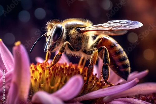 High-definition Detailed Close-Up of Bee Pollinating Flower: Capturing Intricate Details and Colors with Mirrorless Camera and Macro Lens generative AI