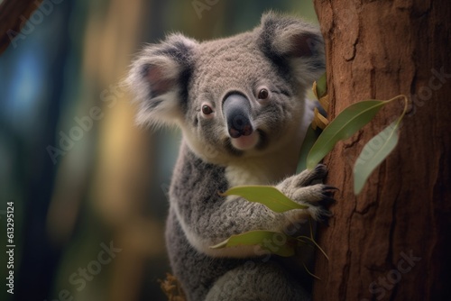 High-definition Detailed Image of Koala Clinging to Eucalyptus: Capturing Textures and Softness with a Mirrorless Camera and Prime Lens generative AI