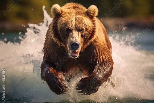 High-definition Image of Grizzly Bear Hunting: Showcasing Power and Agility in the Wild, Captured with a Full-Frame DSLR Camera and Telephoto Lens generative AI