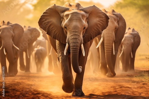 High-definition Image of Elephants in African Savannah: Showcasing Grandeur of Wildlife and Landscape with Full-Frame DSLR Camera and Wide-Angle Lens generative AI