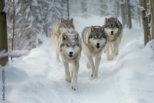High-definition Image of Wolf Pack in Snowy Forest: Capturing Strength and Unity in the Wild with Full-Frame DSLR Camera and Telephoto Lens generative AI