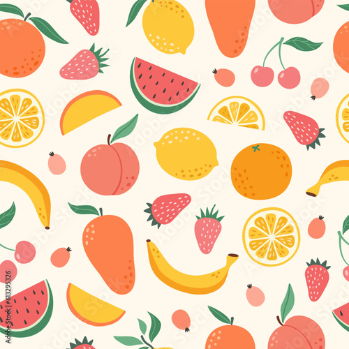 Fototapeta Naklejka Na Ścianę i Meble -  Vector seamless pattern of colorful fruits and berries. Summer print with hand drawn fruits. Tropical pattern of banana, lemon, orange, peach, strawberry, lemon, cherry, mango.