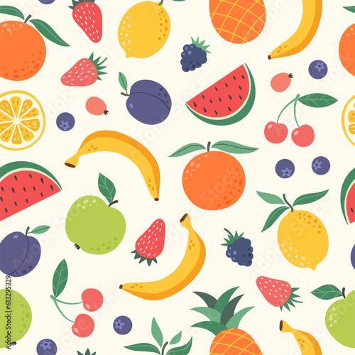 Fototapeta Naklejka Na Ścianę i Meble -  Vector seamless pattern of colorful fruits and berries. Summer print with hand drawn fruits. Tropical pattern of banana, apple, peach, strawberry, lemon, orange, cherry, and pineapple.