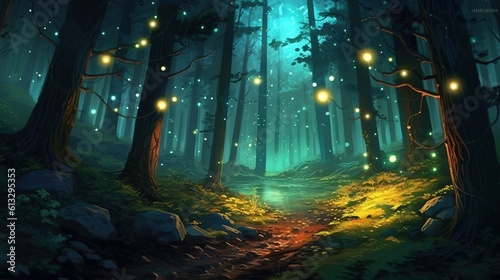 A dark forest with a pair of fireflies lighting the way . Fantasy concept   Illustration painting. Generative Ai