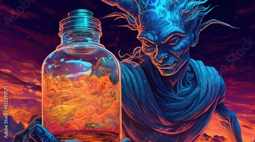 A djinn emerging from a bottle . Fantasy concept , Illustration painting. Generative Ai photo