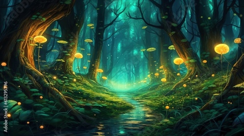 A dark forest with a pair of fireflies lighting the way . Fantasy concept , Illustration painting. Generative Ai