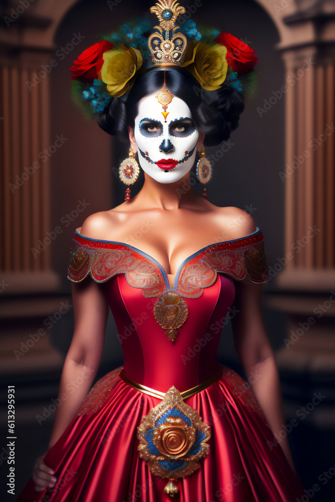 A beautiful brunette with a stylized makeup of La Katrina mask, dia de los muertos_Generative AI_8. A beautiful brunette with a stylized makeup of La Katrina mask, dia de los muertos_Generative AI_8.