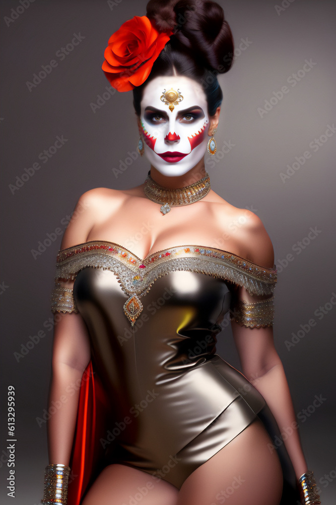 A beautiful brunette with a stylized makeup of La Katrina mask, dia de los muertos_Generative AI_10. A beautiful brunette with a stylized makeup of La Katrina mask, dia de los muertos_Generative AI_10.