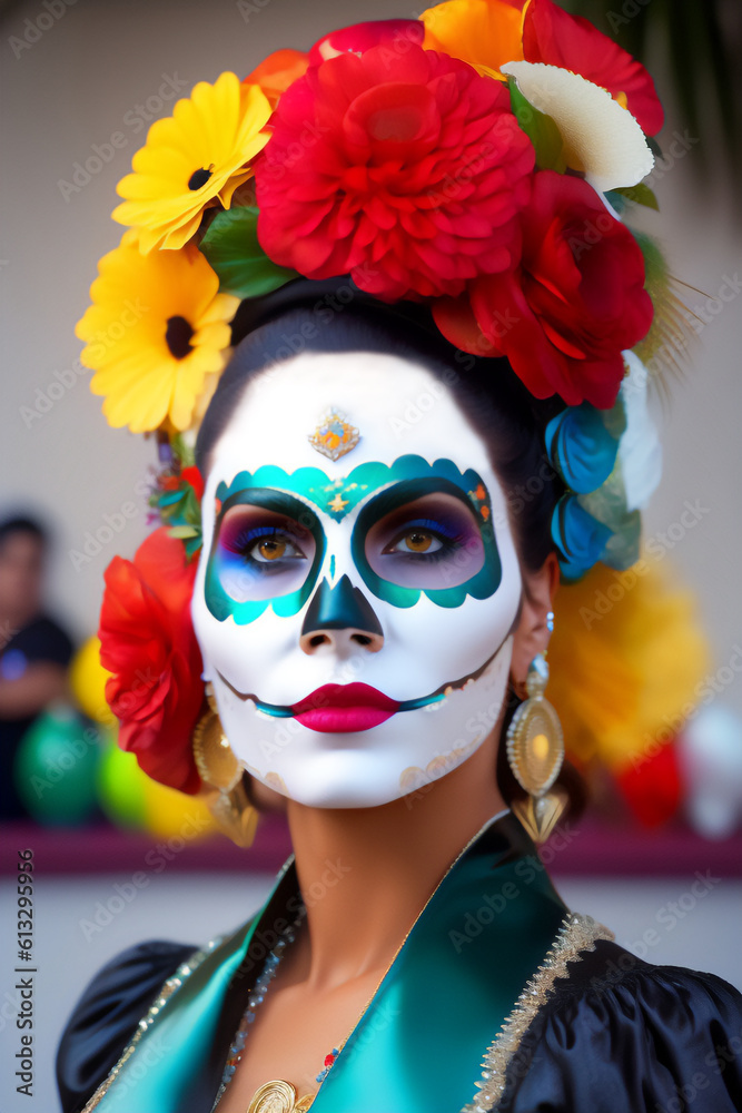A beautiful brunette with a stylized makeup of La Katrina mask, dia de los muertos_Generative AI_13.