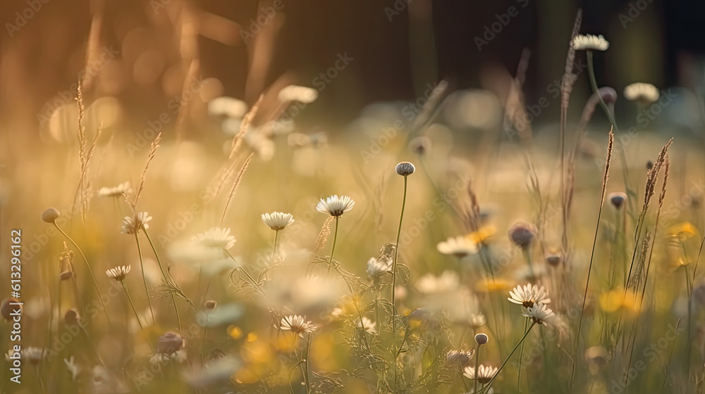 Field of daisies at sunset in the summer. Shallow depth of field.