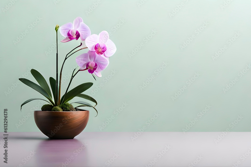 Orchid arrangement in a vase on a light green background, with a wooden minimalist sculpture as minimalist decor Orchid arrangement in a vase on a light green background, with a wooden minimalist sculpture as minimalist decor