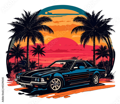 Classic car, sunset, and palm trees (Generative AI) © Mamikon