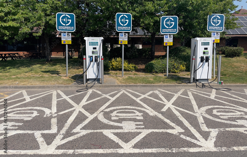 Westerham, Kent, England, UK. 2023. Electric vehicle points in a
