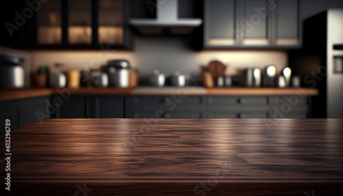 Dark wooden table top on a blurry kitchen area background, Generative AI