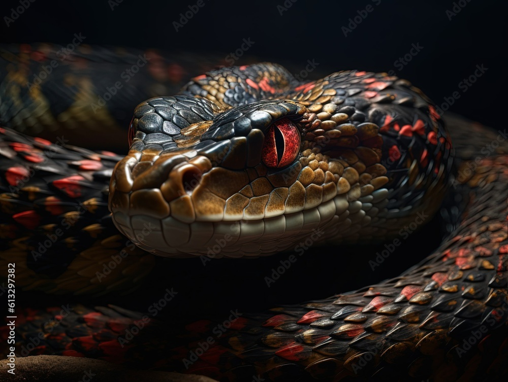 Snake like dragon with red eyes on black background created with Generative AI technology. Snake like dragon with red eyes on black background created with Generative AI technology.