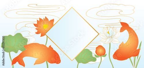 Oriental fish and lotus illustration. Chinese and japanese traditional background.