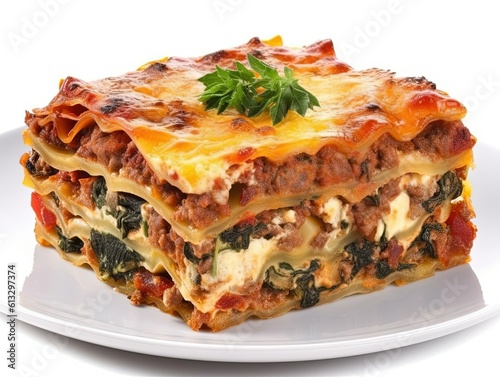Lasagna on a plate decorated with greens created with Generative AI technology.