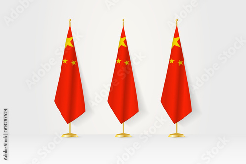 Three China flags in a row on a golden stand, illustration of press conference and other meetings.