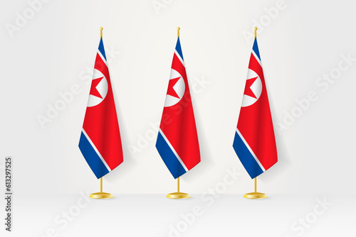Three North Korea flags in a row on a golden stand, illustration of press conference and other meetings.