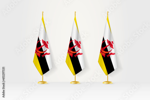 Three Brunei flags in a row on a golden stand, illustration of press conference and other meetings.