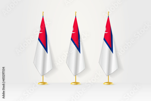 Three Nepal flags in a row on a golden stand, illustration of press conference and other meetings.