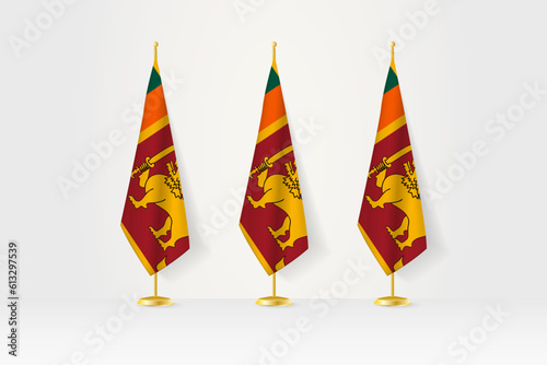 Three Sri Lanka flags in a row on a golden stand, illustration of press conference and other meetings.