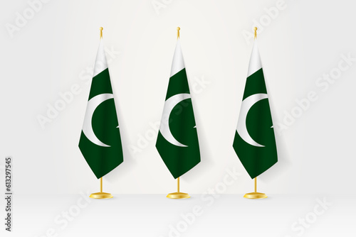 Three Pakistan flags in a row on a golden stand, illustration of press conference and other meetings.