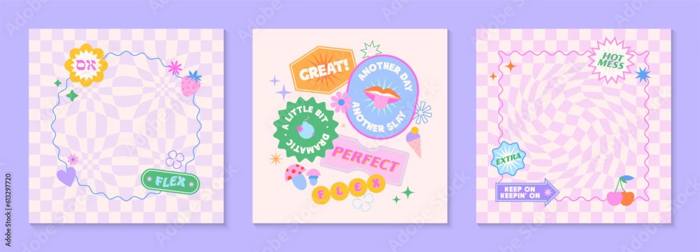 Vector templates with patches and stickers in 90s style.Modern emblems in y2k aesthetic with chess backgrounds.Trendy funky designs for banners,social media marketing,branding,packaging,covers Vector templates with patches and stickers in 90s style.Modern emblems in y2k aesthetic with chess backgrounds.Trendy funky designs for banners,social media marketing,branding,packaging,covers