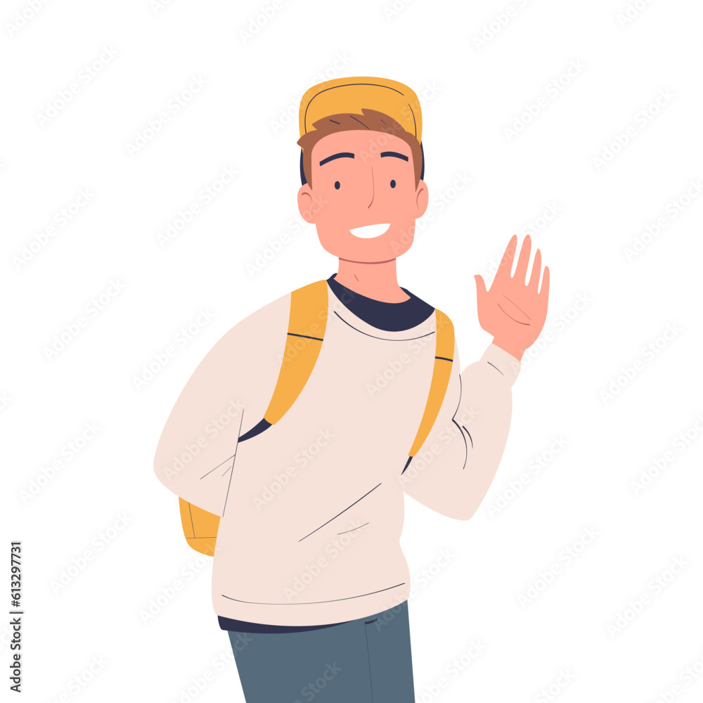 Happy Man Character in Cap Waving Hand and Smiling Vector Illustration Happy Man Character in Cap Waving Hand and Smiling Vector Illustration