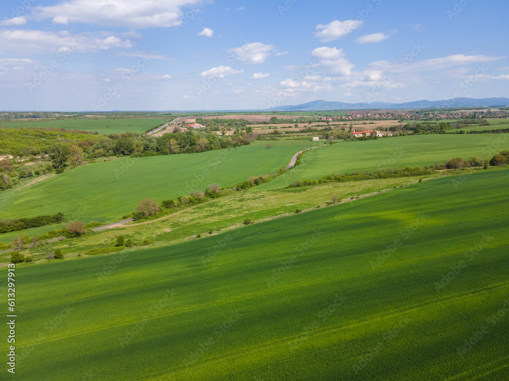 Aerial view of Upper Thracian Plain near town of Asenovgrad, Bulgaria