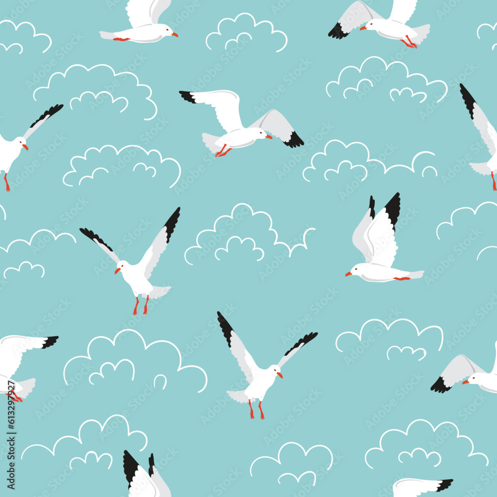 Fototapeta premium Seamless seagull pattern. Cartoon flying marine birds and doodle clouds vector background
