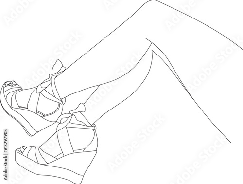 Female legs in platform sandals 
line art isolated 