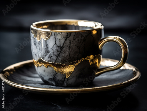 Modern Kintsugi Inspired Coffee Cup/Mug with Black, Gold, and Gray Details - Studio Lighting - Close Up - Generative AI