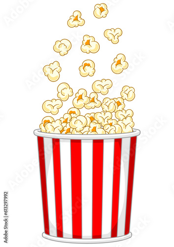 Popcorn in paper striped bucket. Illustration of snack food in cartoon style.