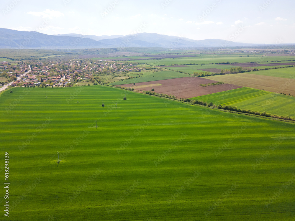 Aerial view of Upper Thracian Plain near town of Asenovgrad, Bulgaria