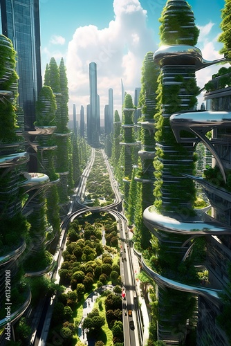 By the year 2050, cities around the world have undergone significant changes in their architectural design and infrastructure. Skyscrapers with vertical gardens, renewable energy dominate the skyline. #613298108